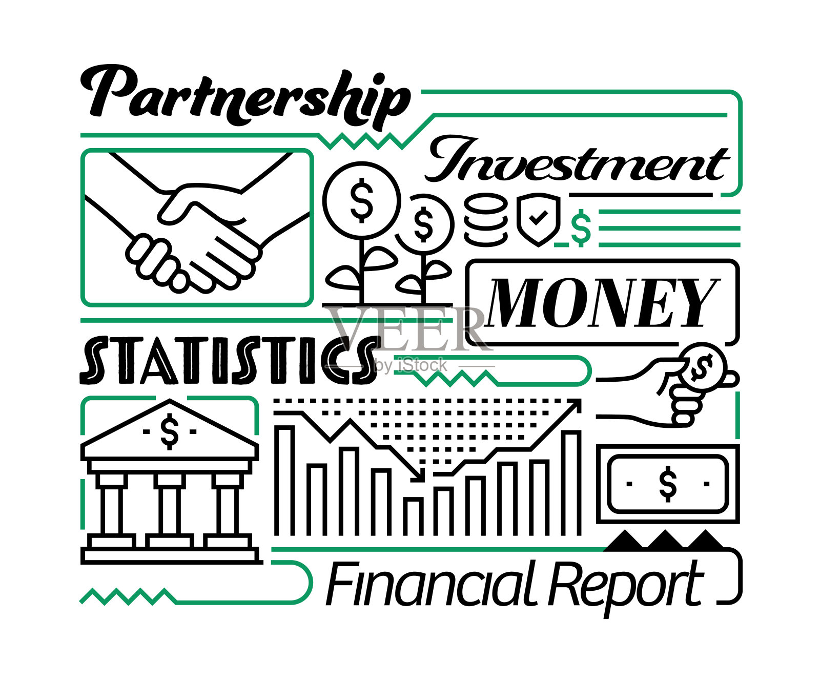投资对象及要素。线条图标插图集合。图标设置或标题模板。插画图片素材