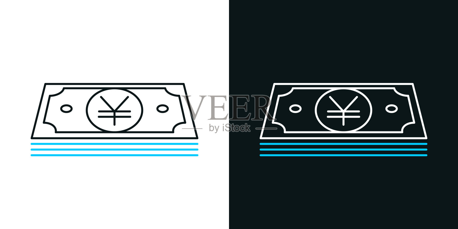 日圆钞票。黑色或白色背景上的双色线图标-可编辑的笔画插画图片素材