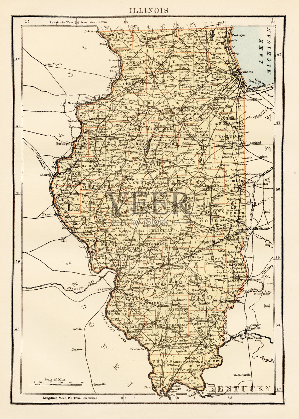 美国伊利诺伊州地图,1878年插画图片素材