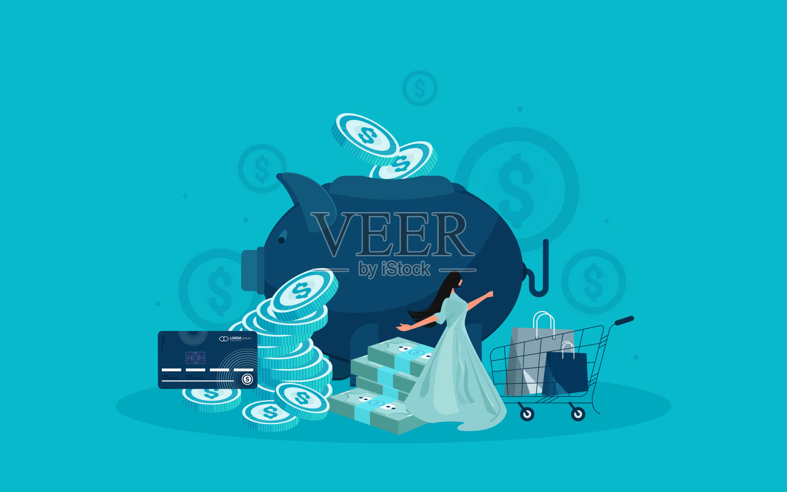 的投资。角色在线支付收到奖金或奖励回信用卡。插画图片素材