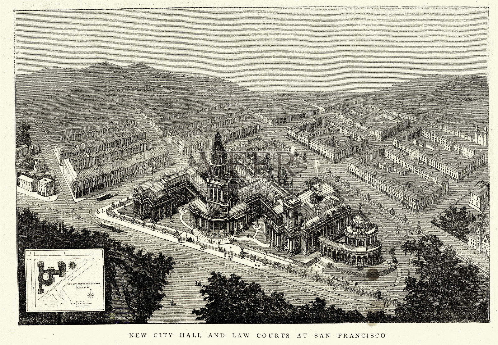 19世纪70年代,美国旧金山新市政厅和法院的复古插图插画图片素材