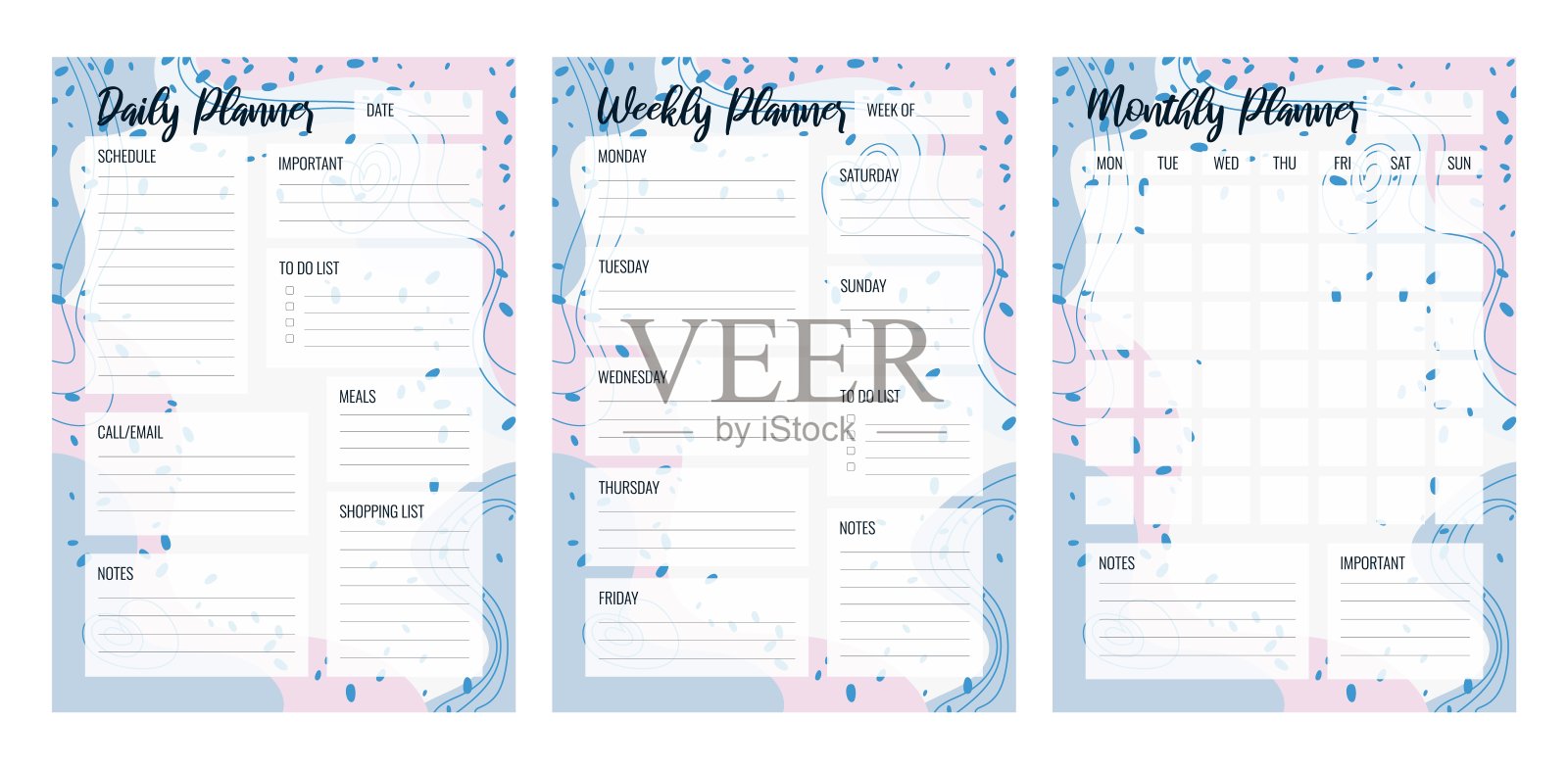 一套每日、每周、每月规划可打印矢量模板。空白的组织者页A4, A5。收集业务计划页面,以便进行有效的计划。个人笔记本电脑。纸张。插画图片素材