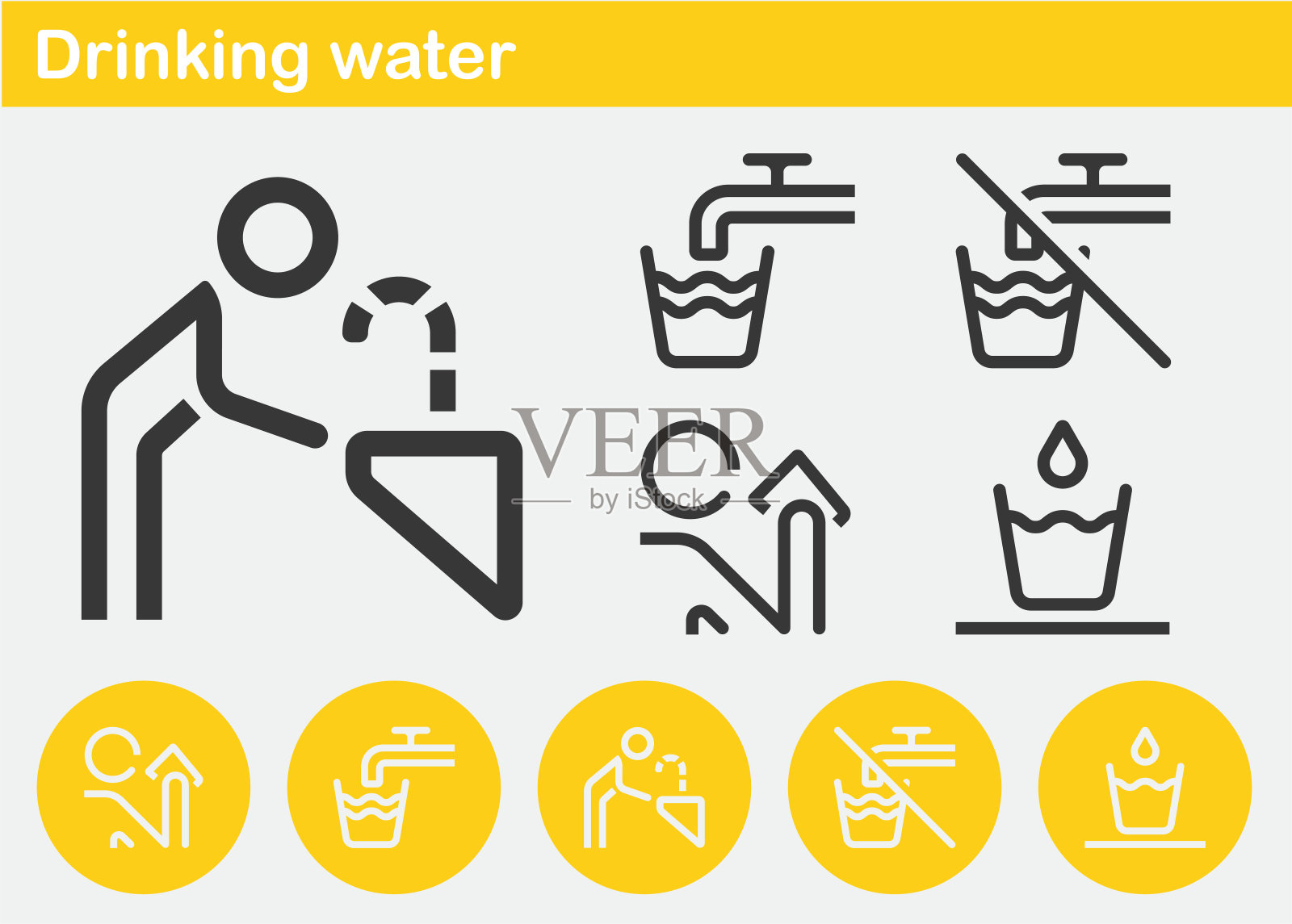 采购产品饮用水,饮水机,水处理,水滴,水龙头,卫生保健饮用水,水瓶和玻璃,水和管道,水的玻璃。最小线条图标插画图片素材