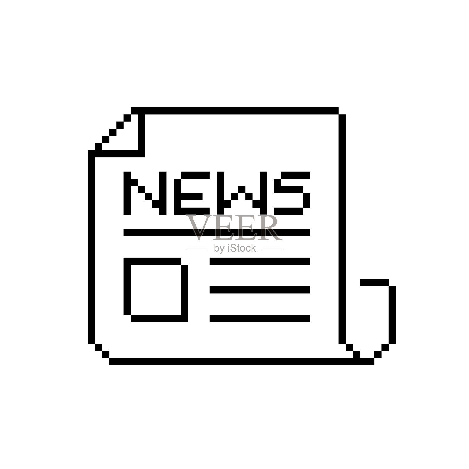 像素化的报纸图标。头版文章配图片。复古电脑界面模仿。像素完美,可编辑插画图片素材