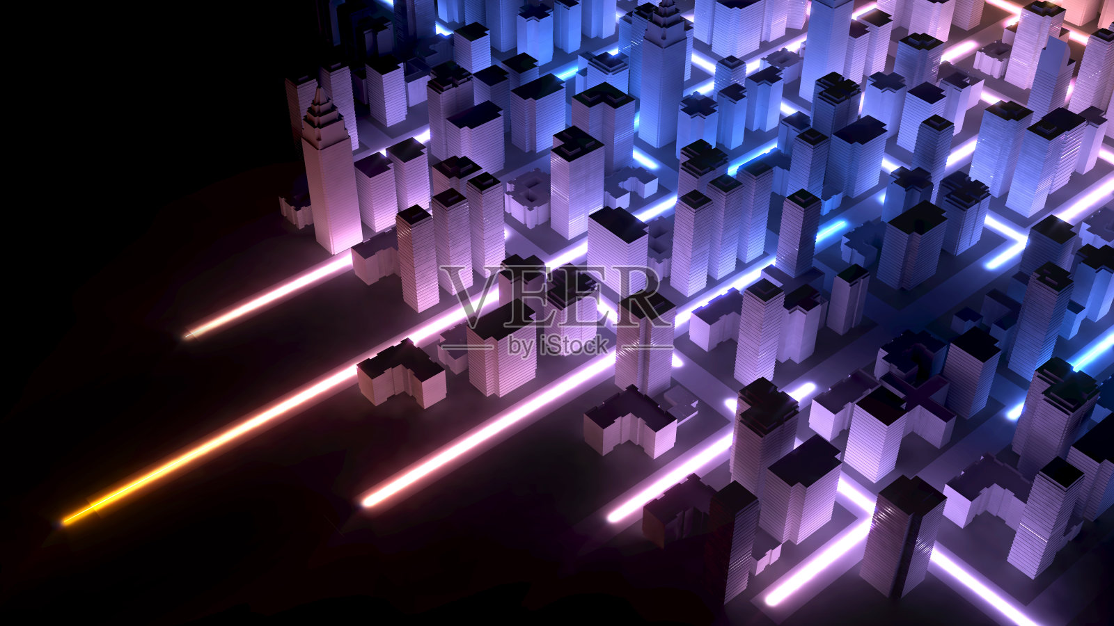 从大城市向其他城市发送信息,夜间城市与通信技术之间的连接,3d渲染照片摄影图片