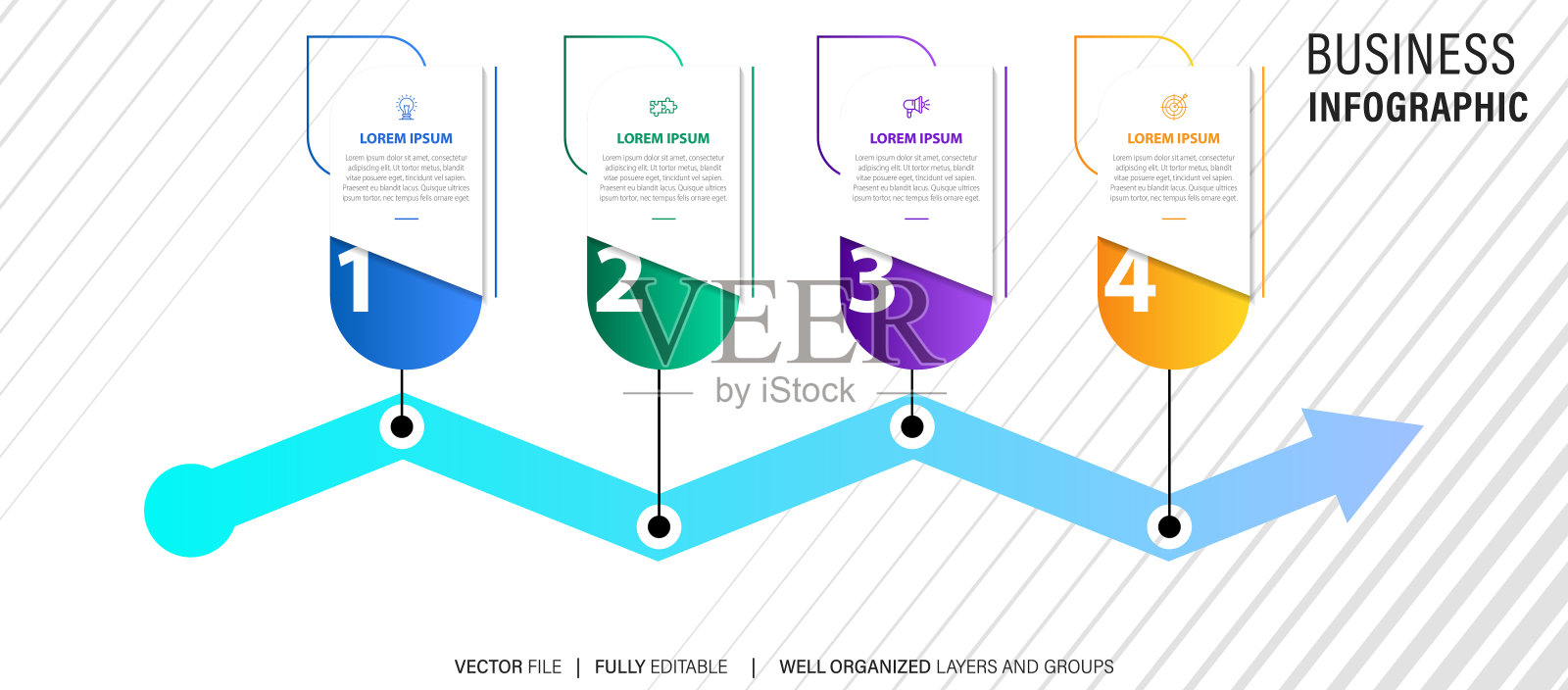4个连续步骤的商业模式概念。四个彩色图形元素。宣传册、演示文稿的时间线设计。资讯图设计布局插画图片素材