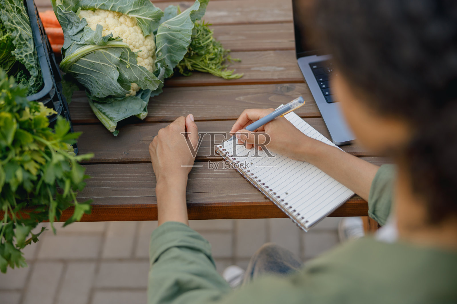 农场女主人在记事本上做笔记的特写,背景是蔬菜照片摄影图片