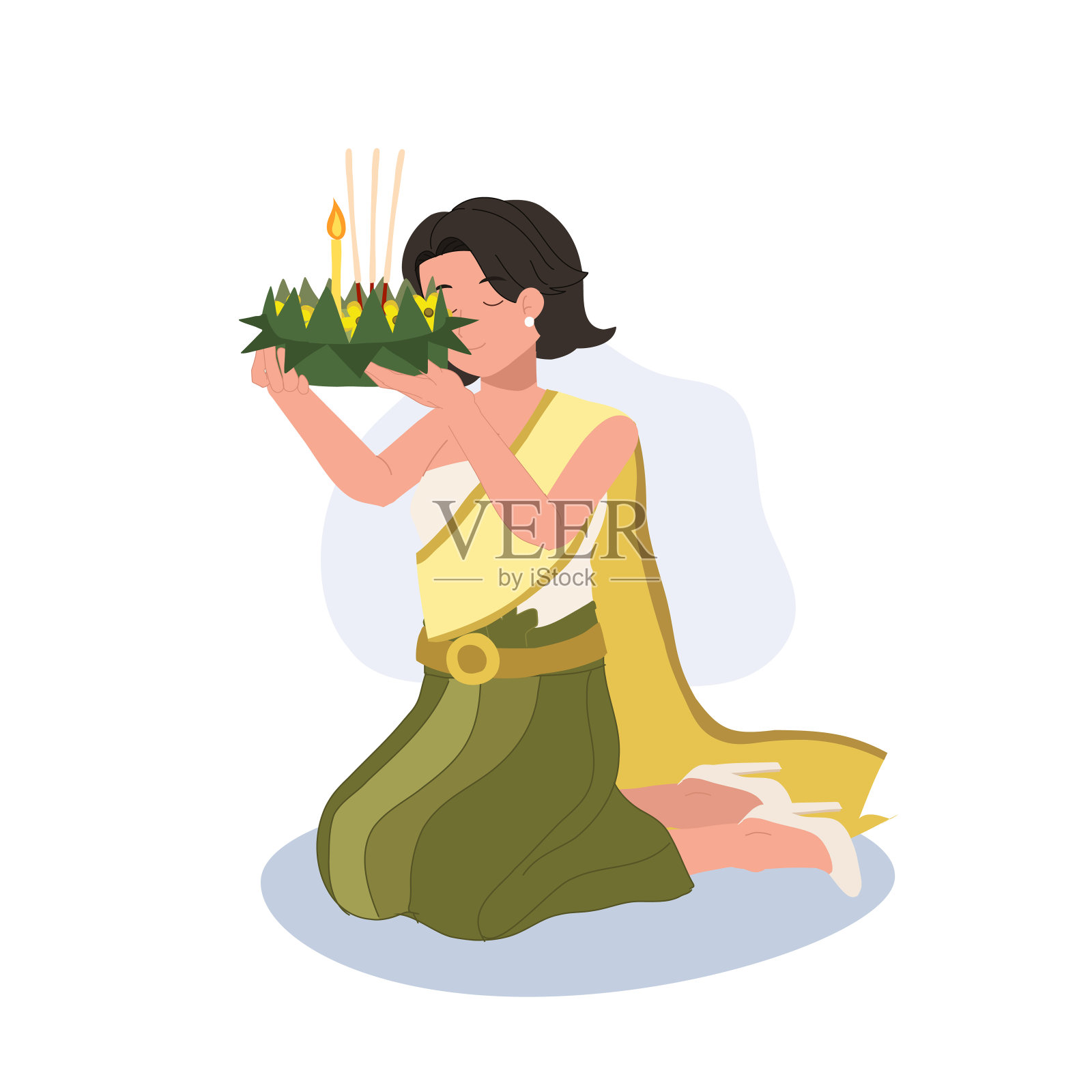 端午节传统节日。身着泰国传统服装的妇女正坐着,举着水仙许愿,然后漂在河里。插画图片素材