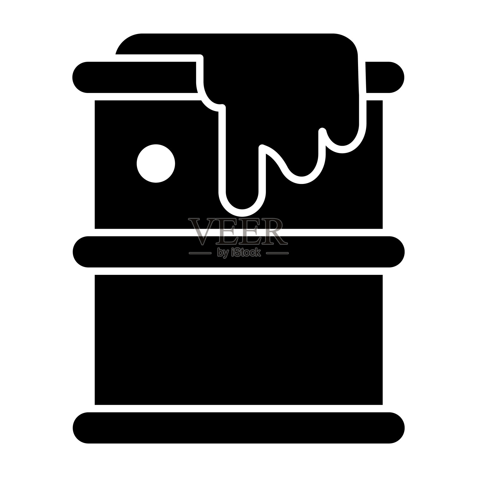 燃料桶固体图标。化学金属罐泄漏,桶容器掉落。石油工业矢量概念,白色背景上的象形文字。图标素材