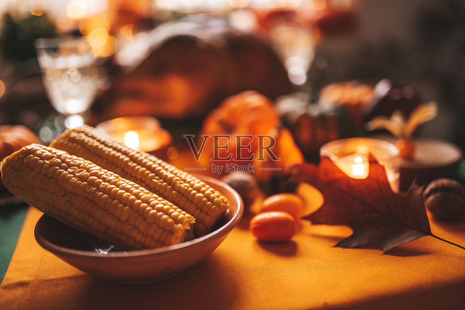 感恩节餐桌上的秋天装饰和南瓜照片摄影图片
