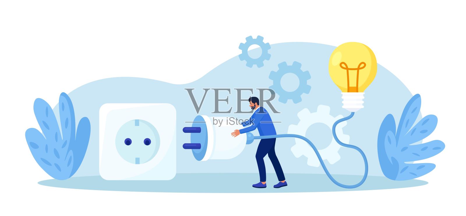 商人拿着电线插头,将灯泡连接到电源插座。商业理念,解决方案。新项目开发、启动的投资。寻找创意和头脑风暴插画图片素材