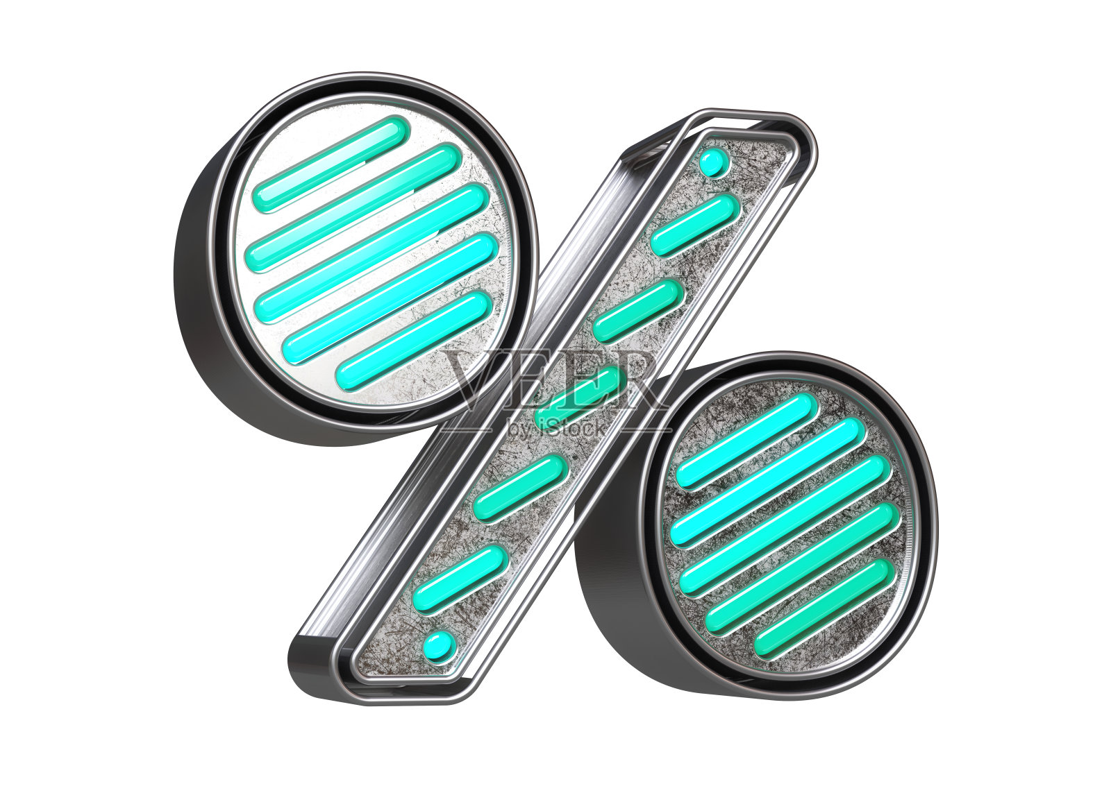 霓虹字体在银色金属和蓝绿色照明。百分比的象征。照片摄影图片