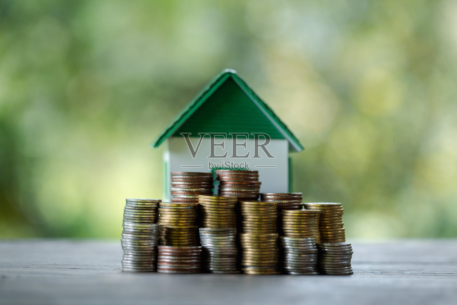 省钱与住房贷款和硬币在宁静的自然背景。金融、投资、房地产概念。硬币在宁静的自然背景。金融增长、房地产投资和储蓄。照片摄影图片