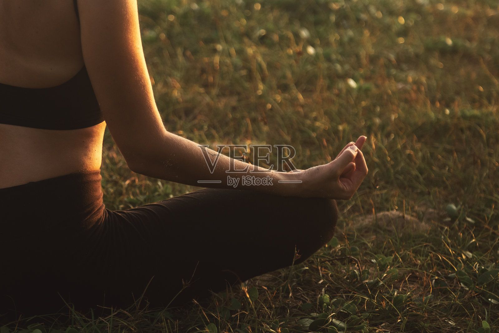 手的特写,年轻的女士冥想做瑜伽莲花姿势在草地上,在日落锻炼。妇女进行体育锻炼以恢复体力和精神。健康生活理念。复制文本空间照片摄影图片