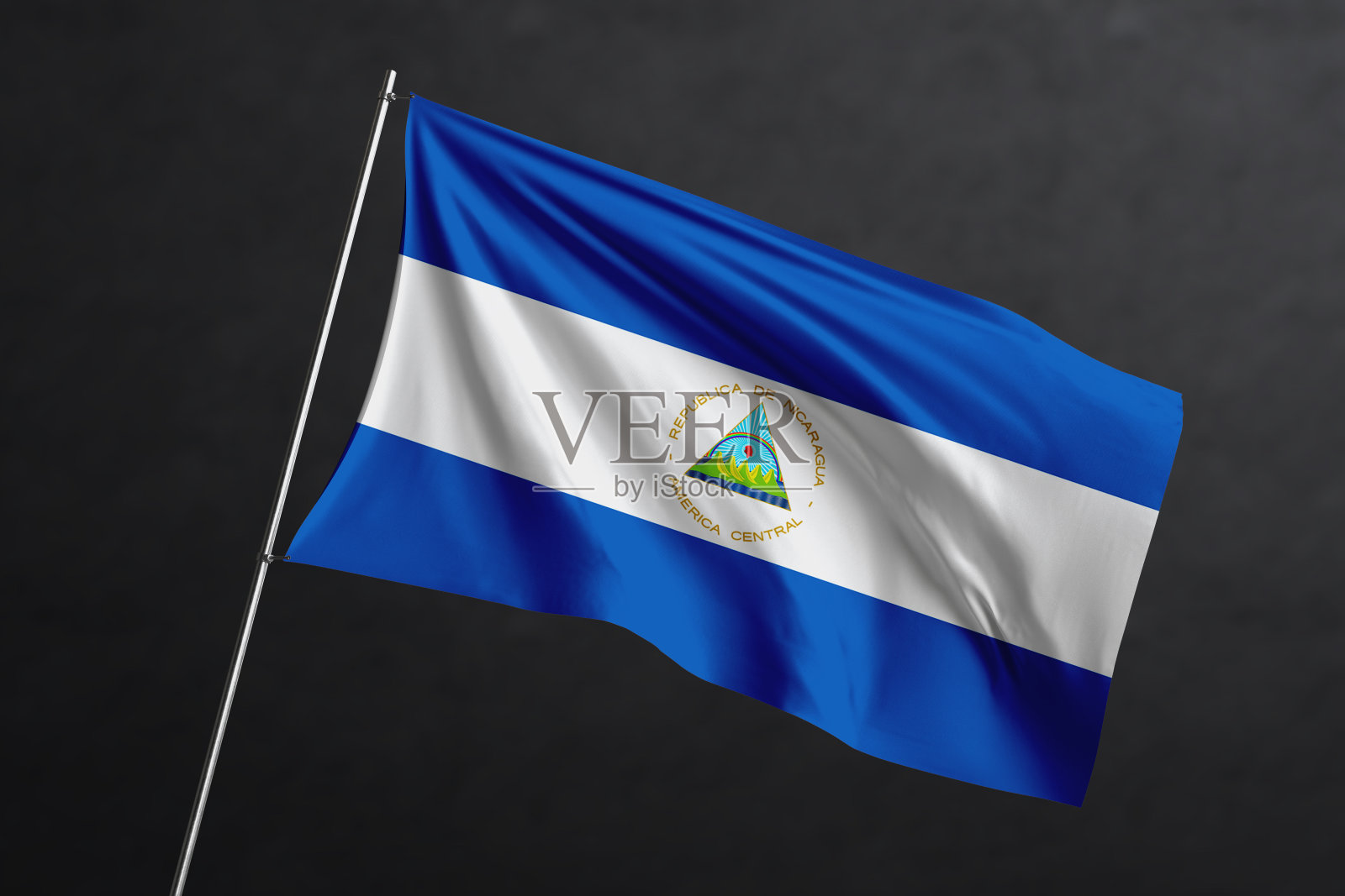 三维挥舞的旗帜设计。尼加拉瓜黑底国旗。照片摄影图片