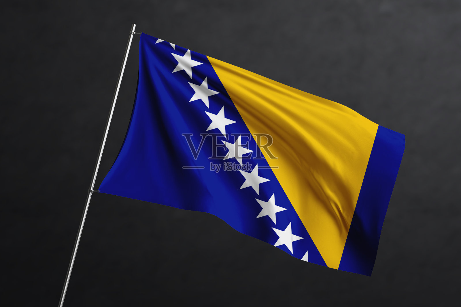 三维挥舞的旗帜设计。黑背景的波斯尼亚和黑塞哥维那国旗。照片摄影图片