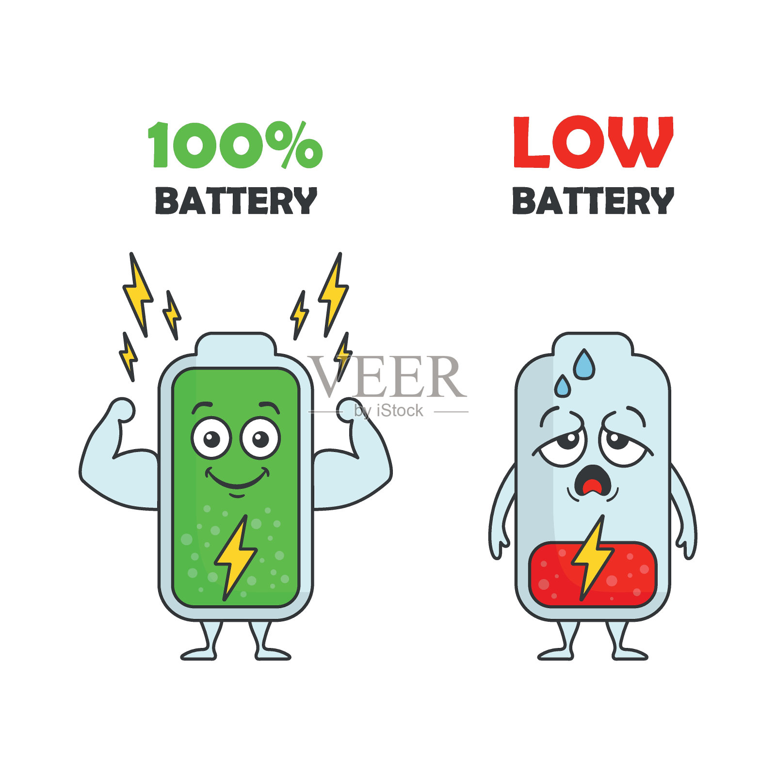 低电池和全动力电池图标矢量插图。隔离背景上的一组电池。电荷符号概念。插画图片素材