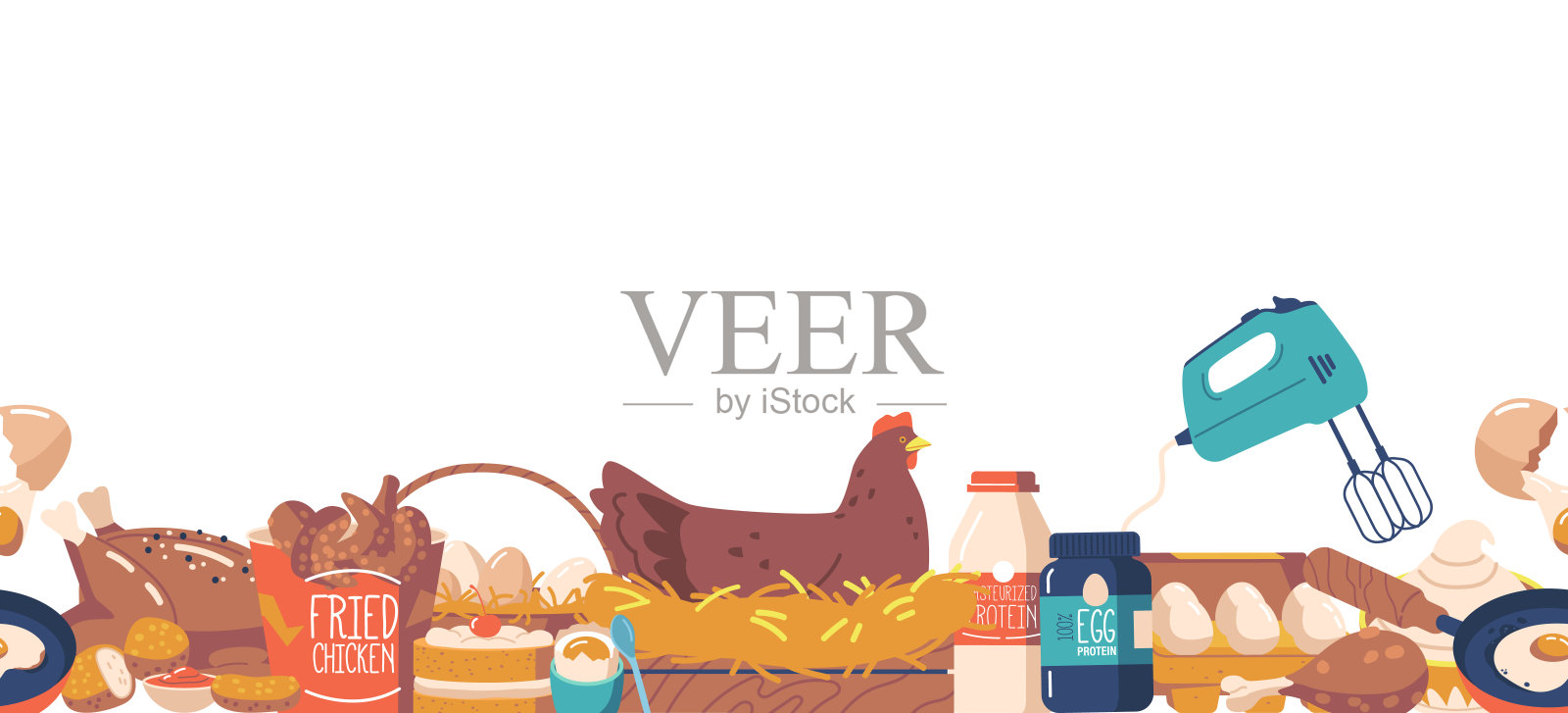 无缝图案的鸡产品,如鸡腿,鸡蛋,面包,巧妙地安排在一个重复的设计插画图片素材