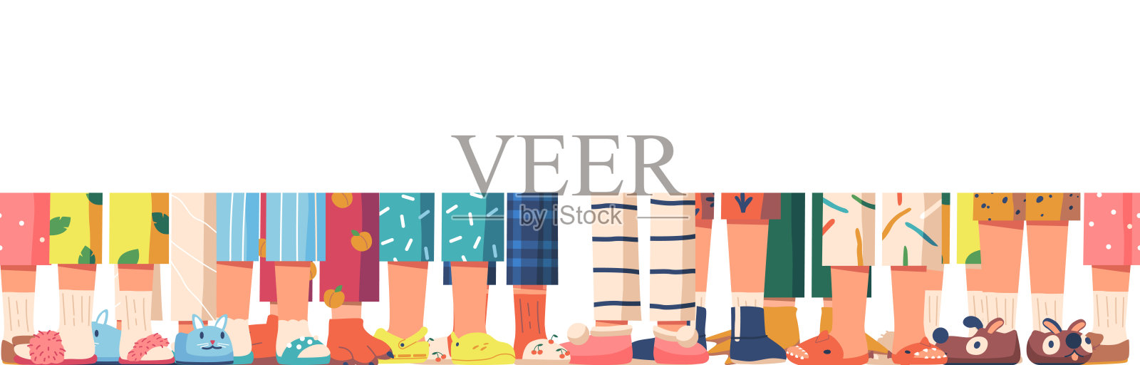 俏皮和迷人的无缝图案,可爱的孩子脚站在一排舒适的拖鞋装饰插画图片素材