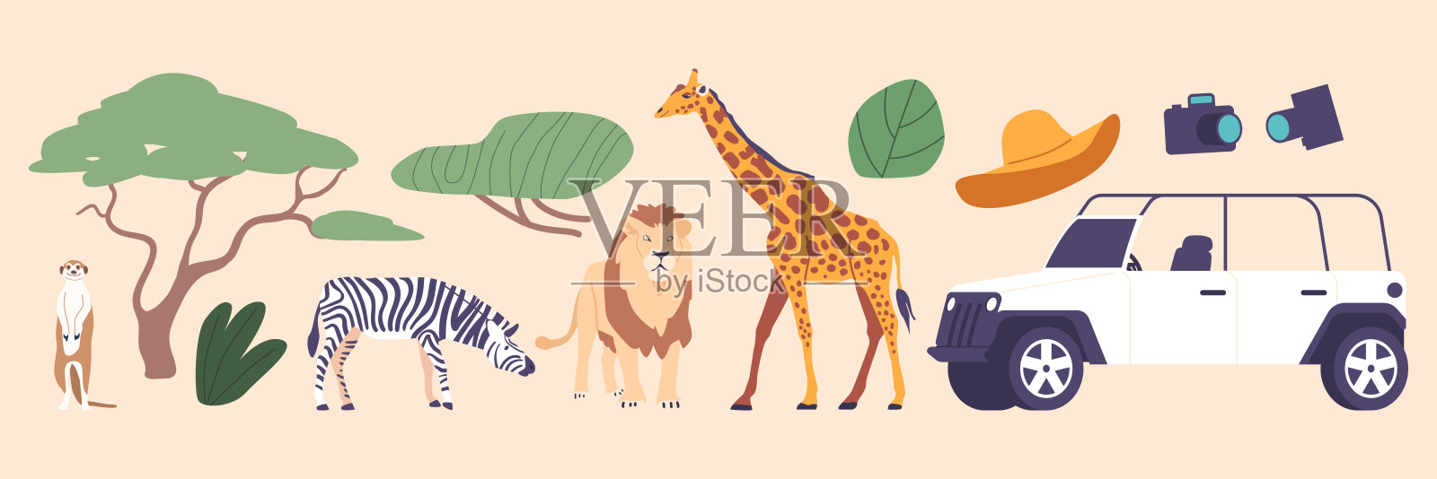 一组图标非洲狩猎之旅主题。吉普,长颈鹿,狮子,斑马和猫鼬。采购产品照相机,帽子,树和灌木插画图片素材