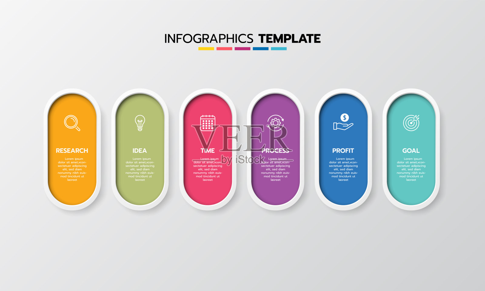 商业信息图表模板过程与简单的几何正方形,矩形,圆形,三角形,曲线在平面设计模板与细线图标和6个选项或步骤。矢量插图。插画图片素材