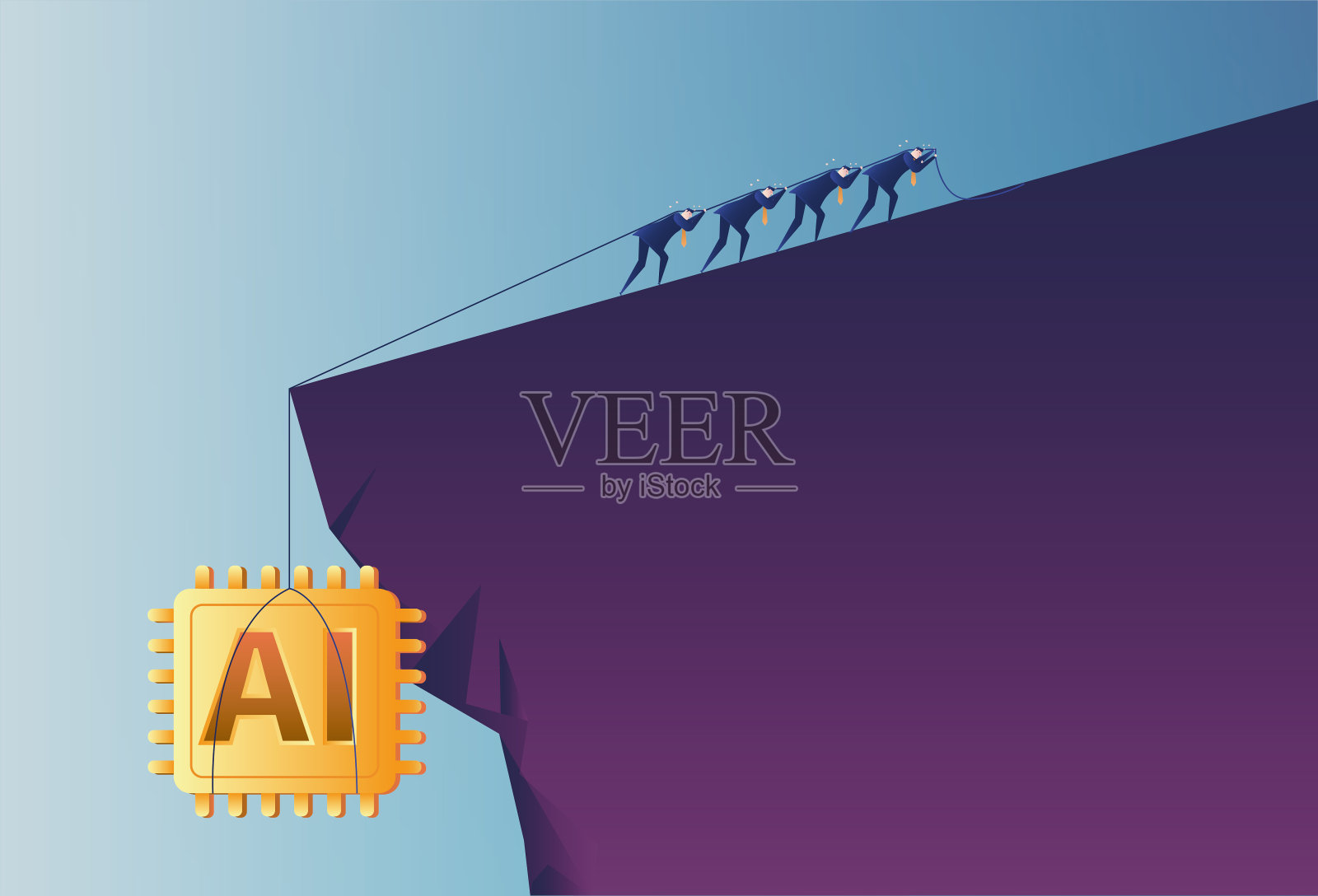 人们正在努力把人工智能芯片拉下悬崖,芯片制造的概念图很难画出来。插画图片素材