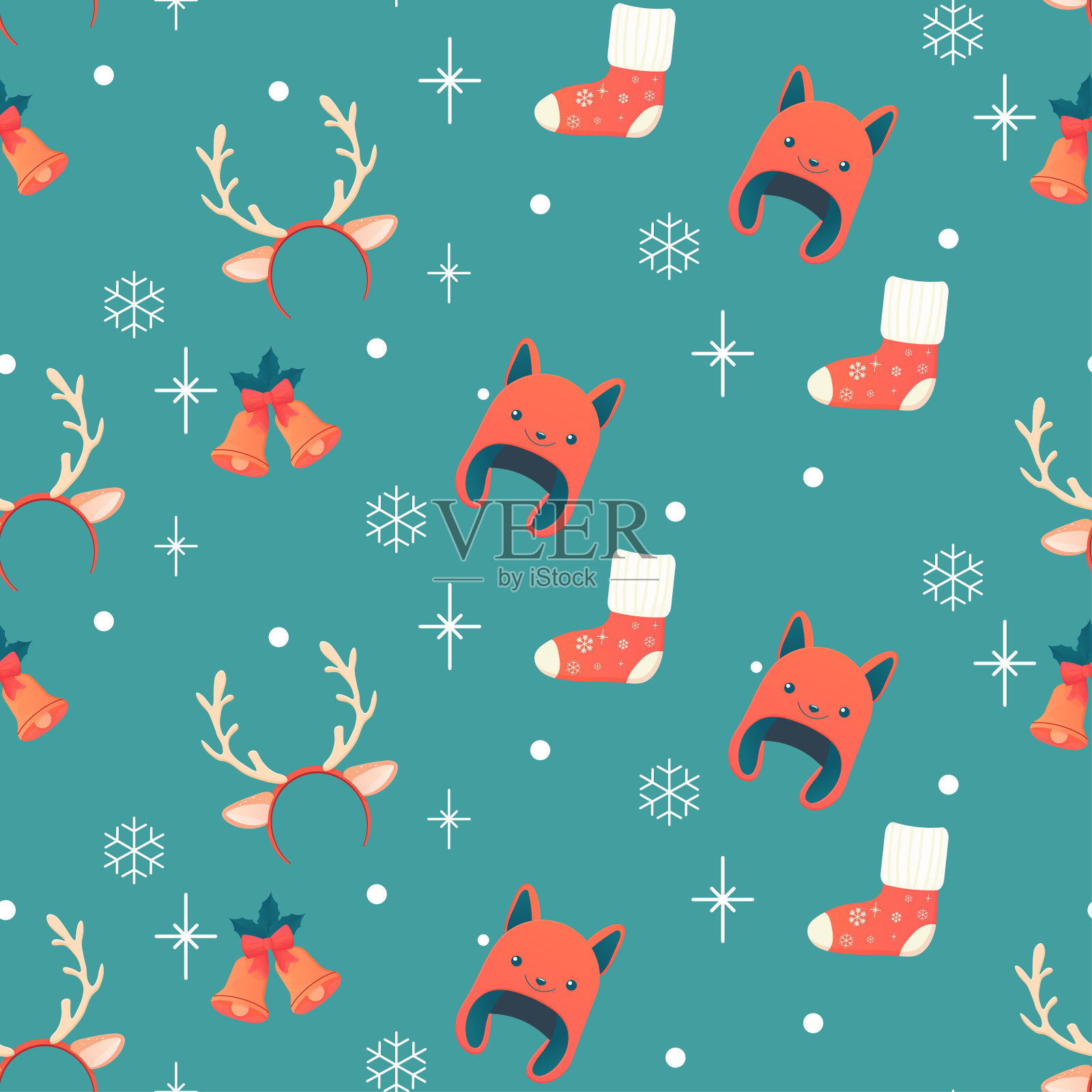 无缝花纹,冬季配饰,帽子,袜子,鹿角,铃铛插画图片素材