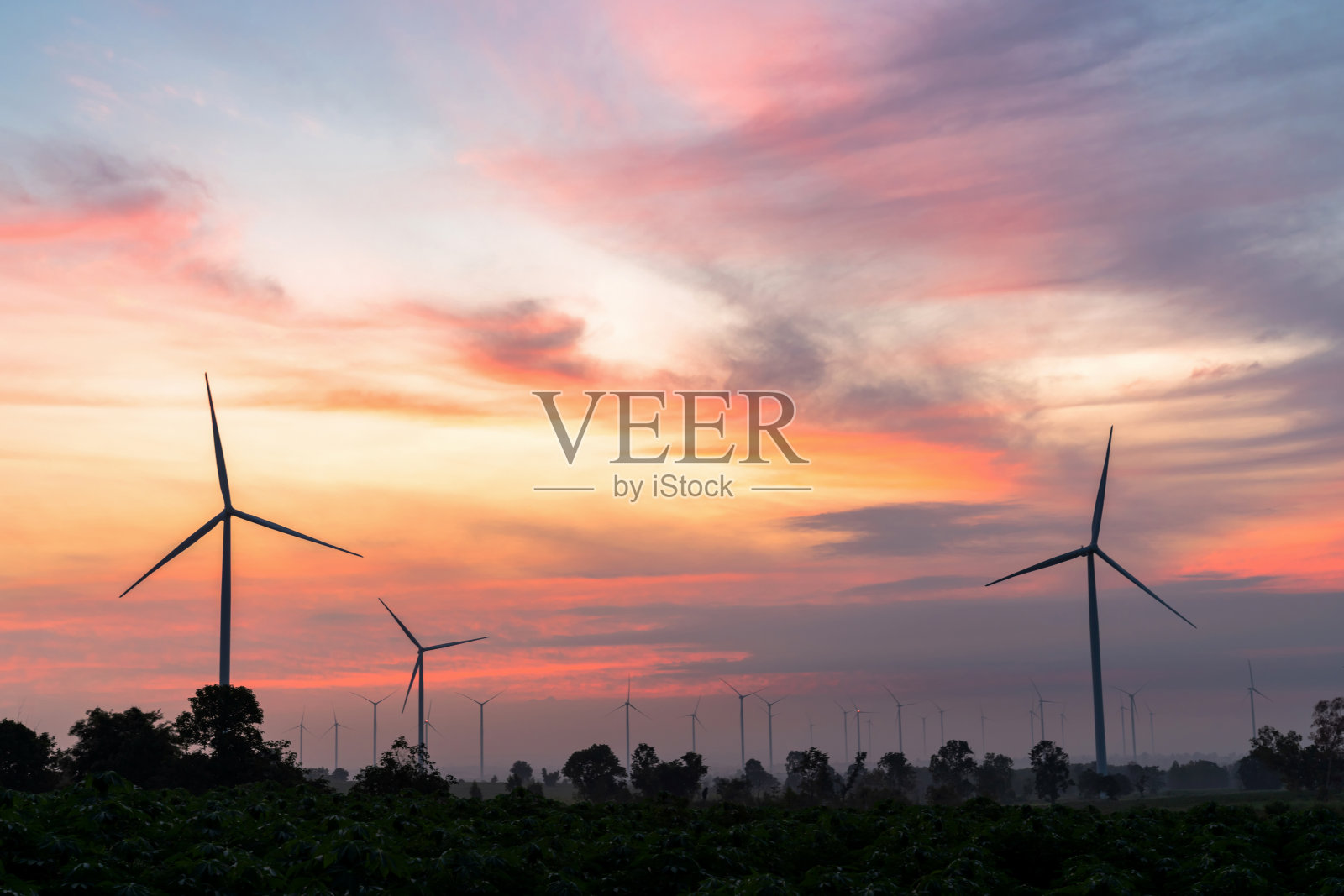 在这令人惊叹的风力涡轮机景观中体验科技与自然的动态协同作用。可再生能源的力量,这些时尚的现代涡轮机利用壮观的天空产生清洁的电力。照片摄影图片