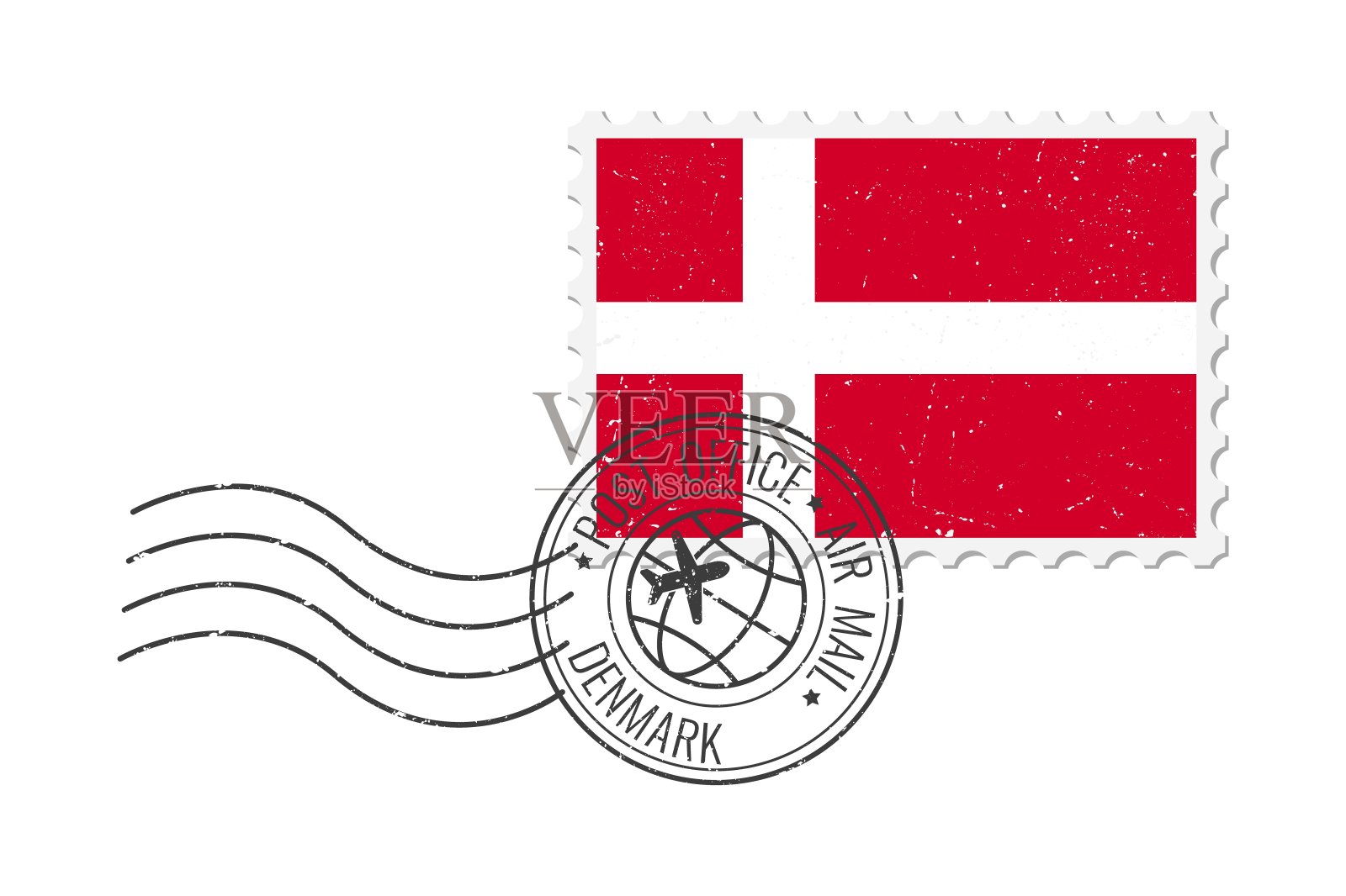 丹麦垃圾邮票。复古明信片矢量插图与丹麦国旗孤立的白色背景。复古的风格。插画图片素材