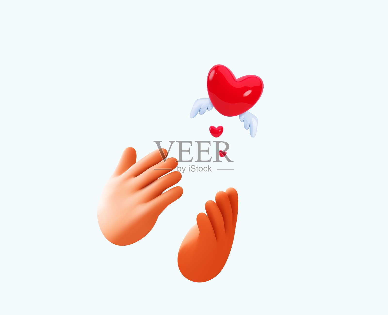 掌心和飞翔的红心插上了翅膀。喜欢社交媒体上的表情符号。情人节的设计元素为卡通风格。矢量图插画图片素材