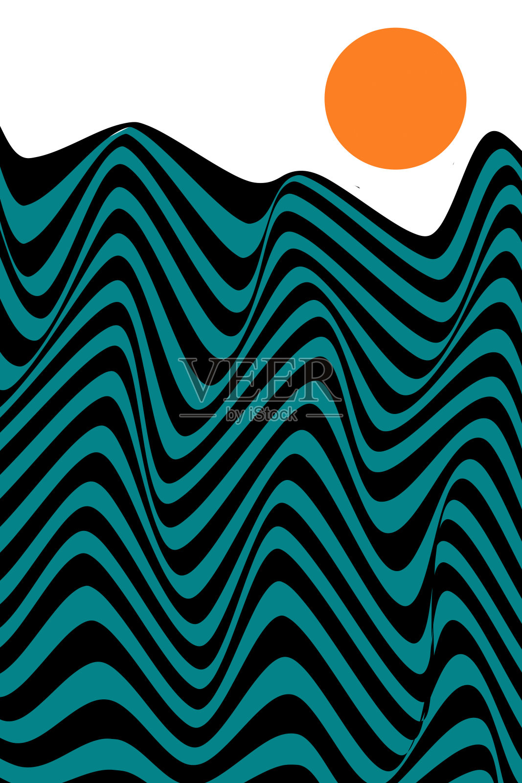 波浪线海景和橙色太阳-包豪斯风格插画图片素材