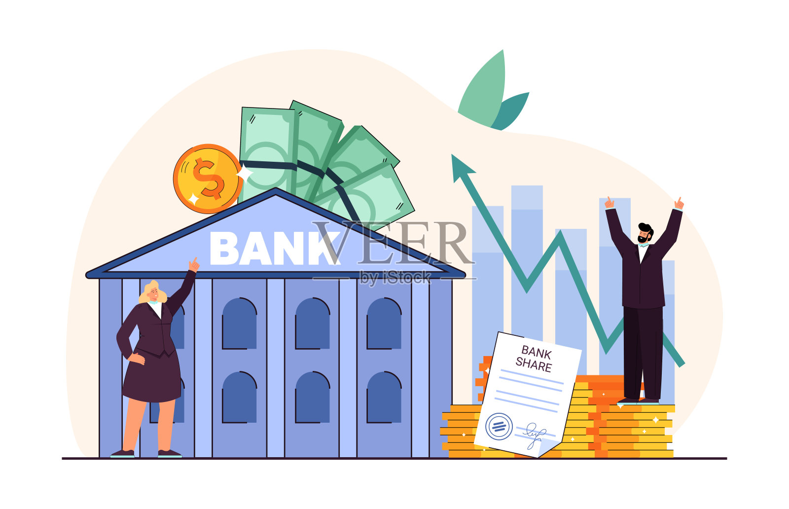 商业人士对银行股价值的增长感到高兴插画图片素材