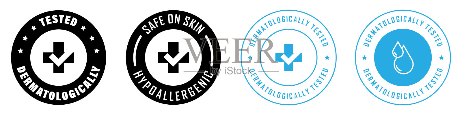 皮肤学测试,低过敏性,对皮肤安全-一套皮肤护理产品包装的载体贴纸。插画图片素材