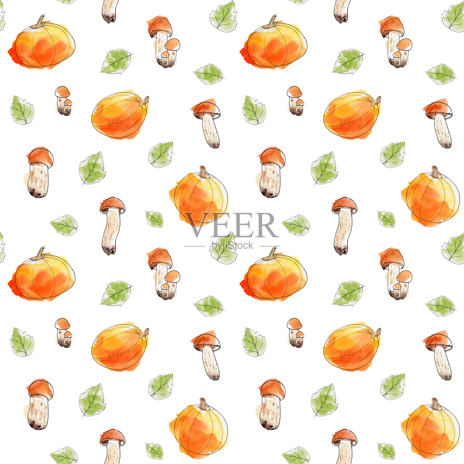 水彩秋天无缝图案与蘑菇和南瓜在一个白色的背景。插画图片素材