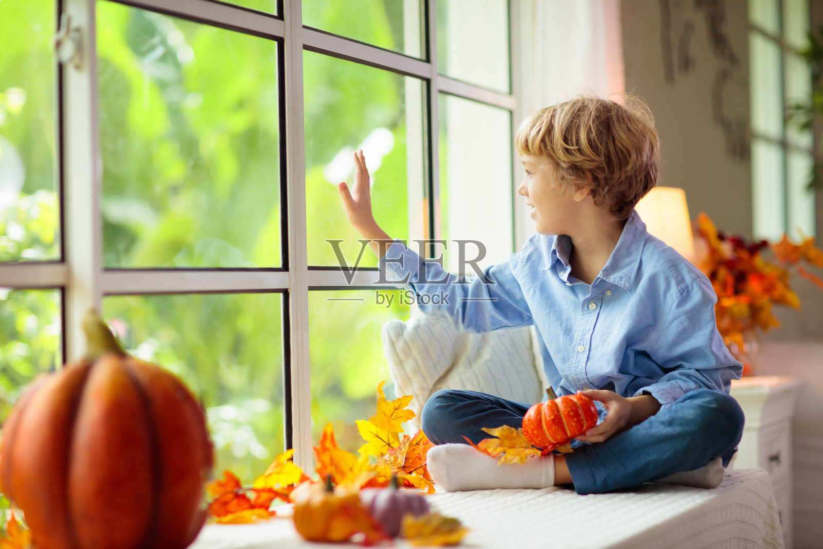 秋天,孩子站在窗前。孩子们在秋天在家。照片摄影图片