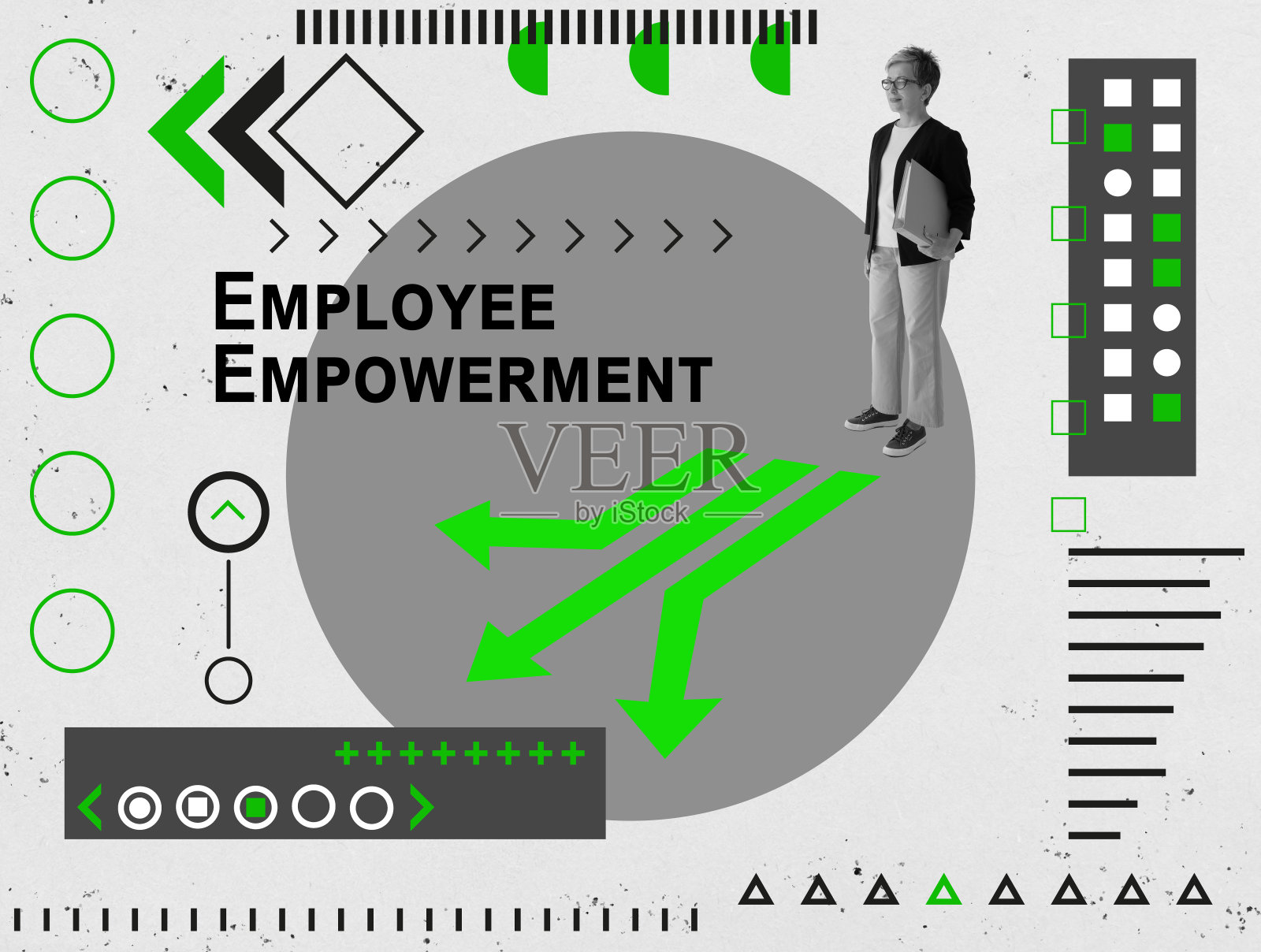 员工授权概念。拼贴画的女人和箭在她的前面。照片摄影图片