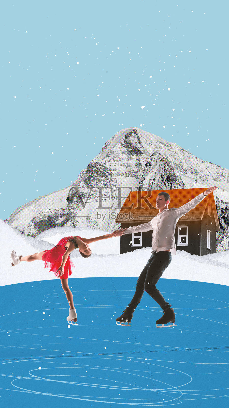 穿着盛装的漂亮青年男女,花样滑冰运动员在露天冰湖上滑冰。当代艺术拼贴。照片摄影图片