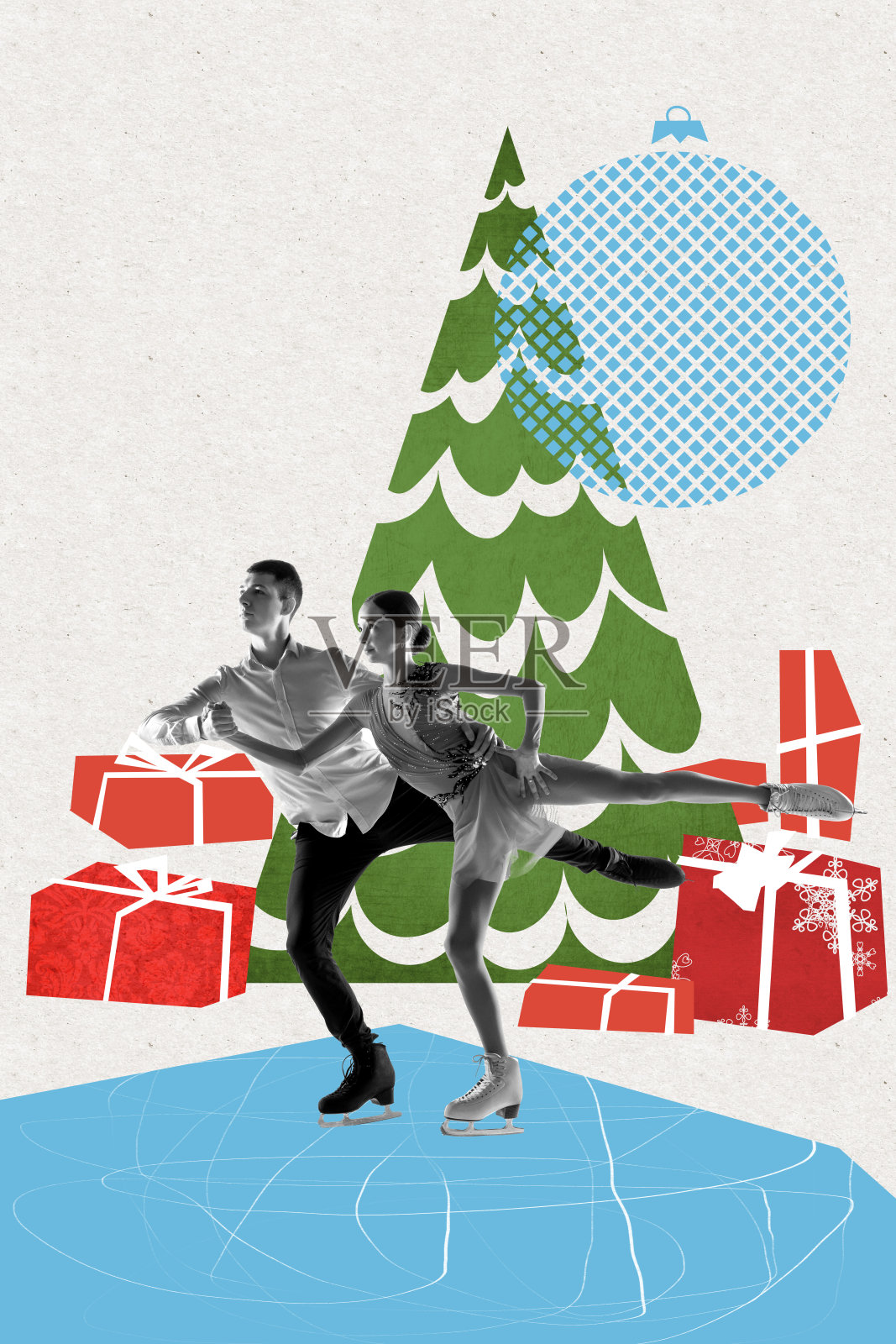 穿着盛装的漂亮青年男女,花样滑冰运动员在音乐会上表演。当代艺术拼贴。照片摄影图片