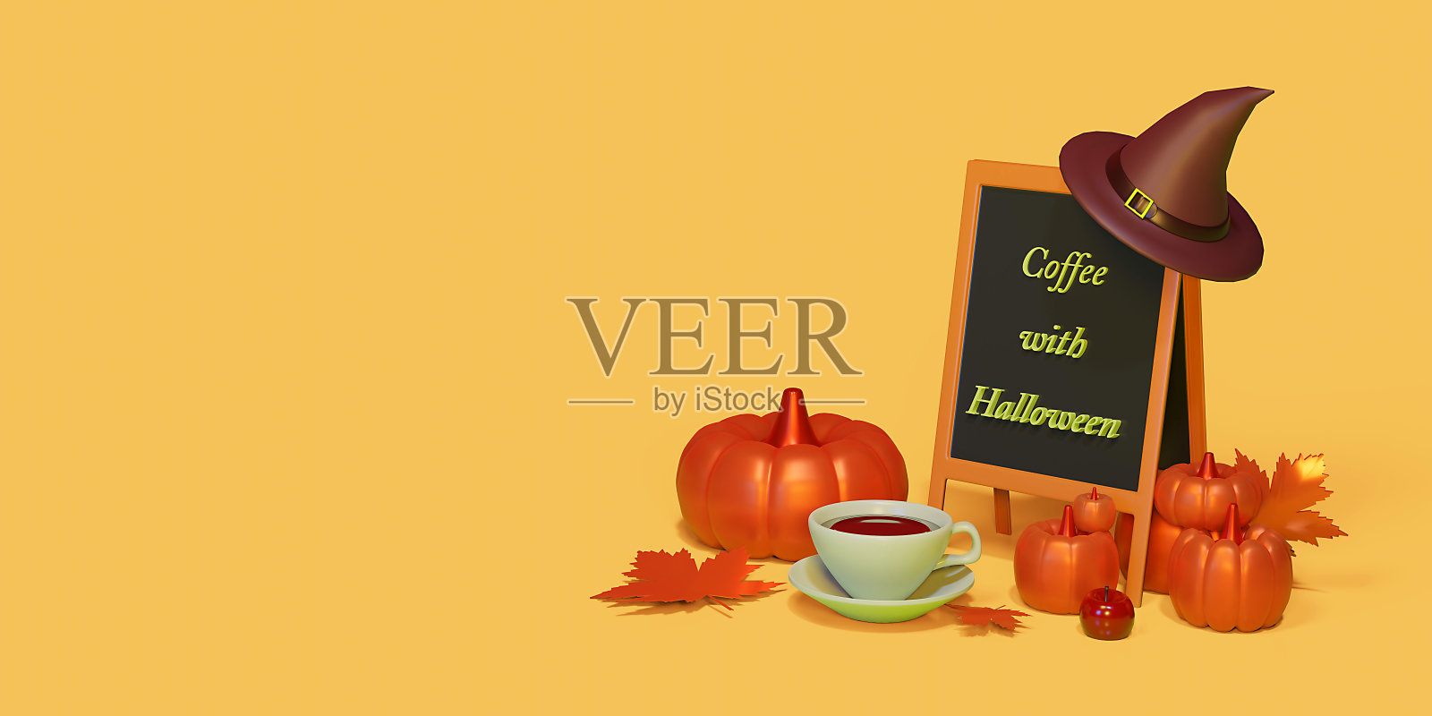 一杯咖啡。万圣节咖啡。南瓜和树叶。文本空间。照片摄影图片