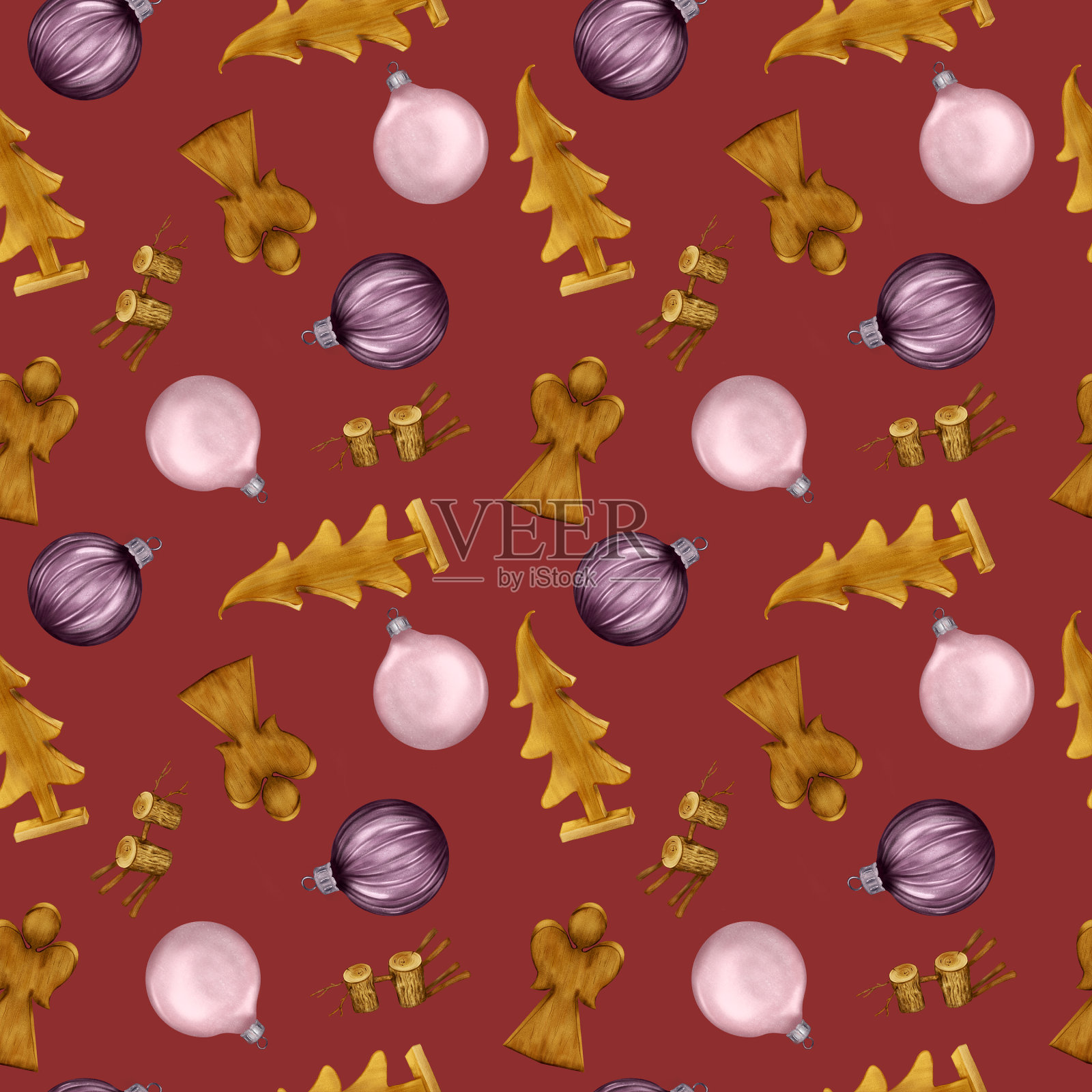 圣诞无缝图案与木制玩具和圣诞球数字插图孤立的红色。节日符号,装饰手绘。元素为新年设计包装,纺织品,背景插画图片素材