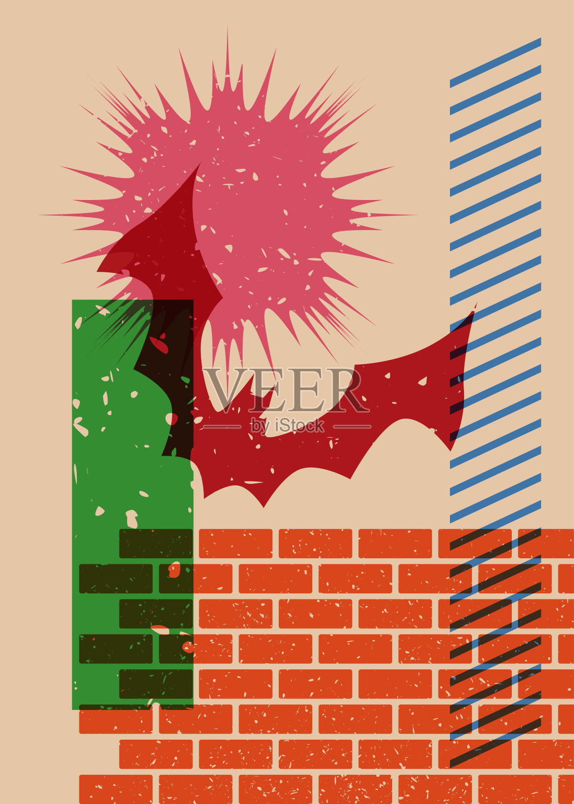 万圣节risograph海报与蝙蝠和几何形状。假日时尚riso图形设计。几何元素抽象打印纹理风格。插画图片素材