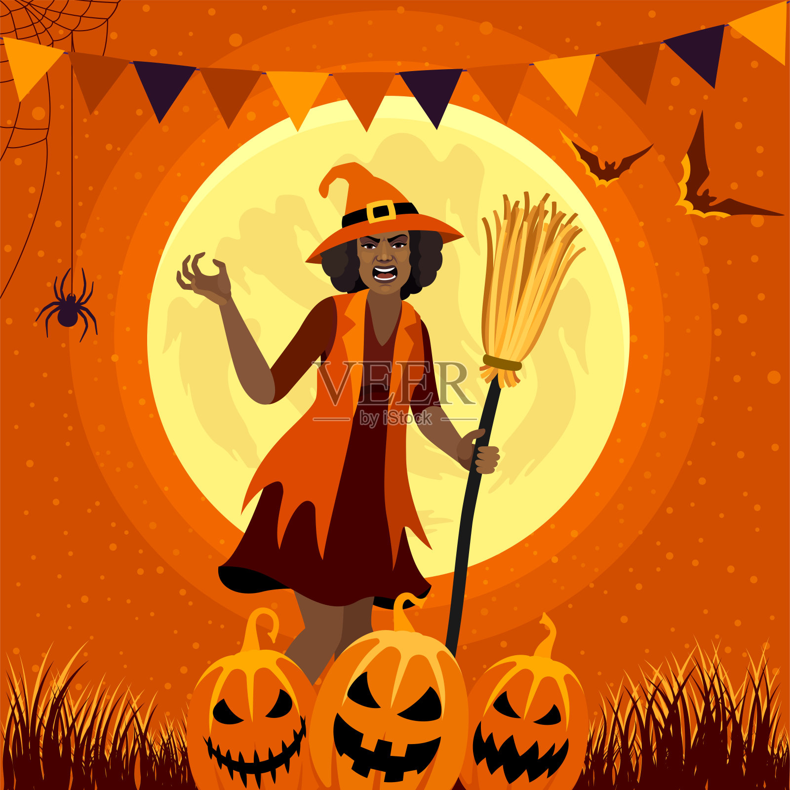 万圣节的海报。万圣节的概念。一个年轻美丽的非裔美国女巫。插画图片素材