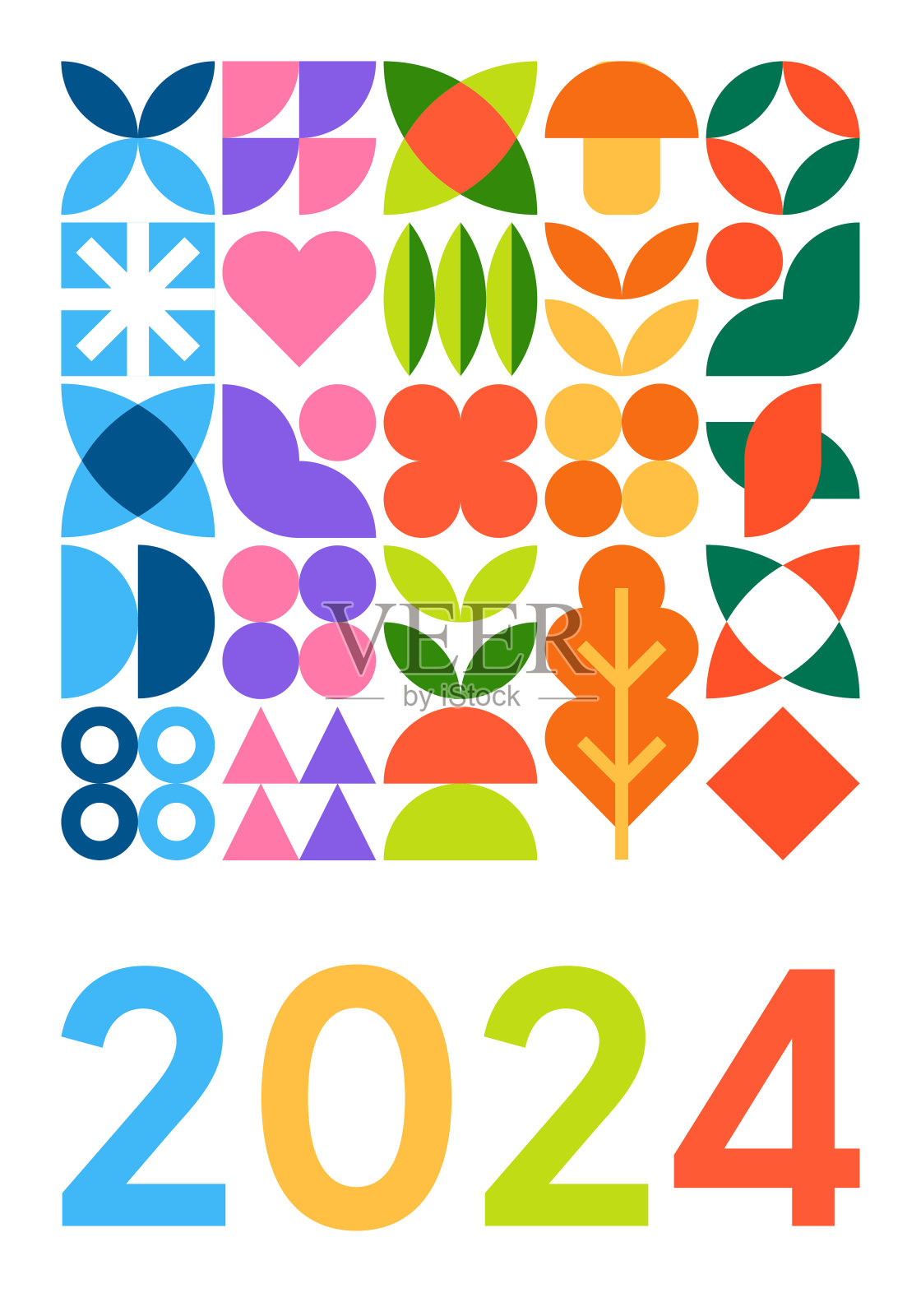 2024年日历封面海报-抽象几何包豪斯形状风格。矢量色彩艺术设计插画图片素材