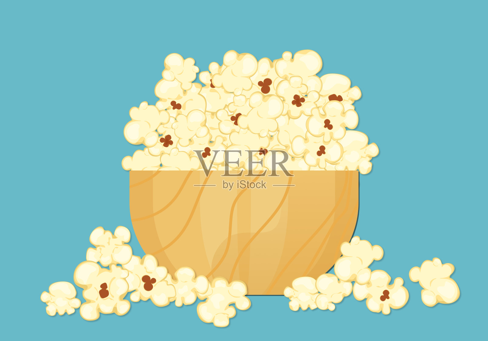 爆米花的矢量插图包装在一个木碗,卡通风格,隔离在电影,电影院,食品,戏剧和设计的蓝色背景。插画图片素材