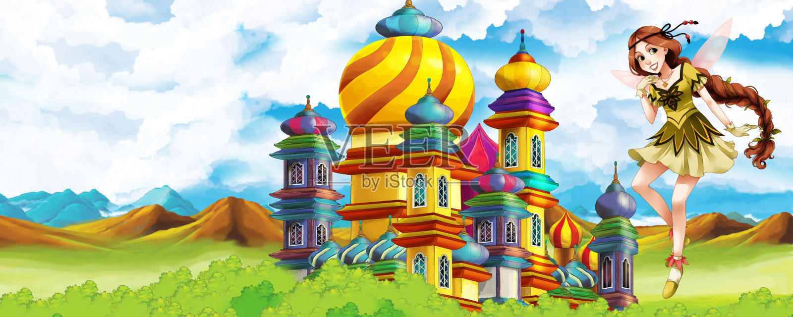 卡通自然景观与美丽的城堡附近的森林-插图的孩子插画图片素材