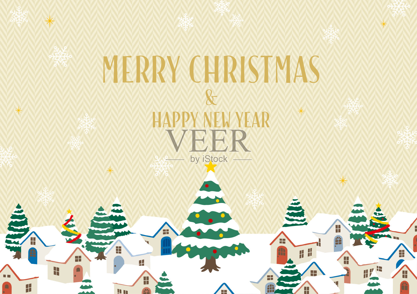 手绘的雪景圣诞市景。米色人字形图案背景。插画图片素材