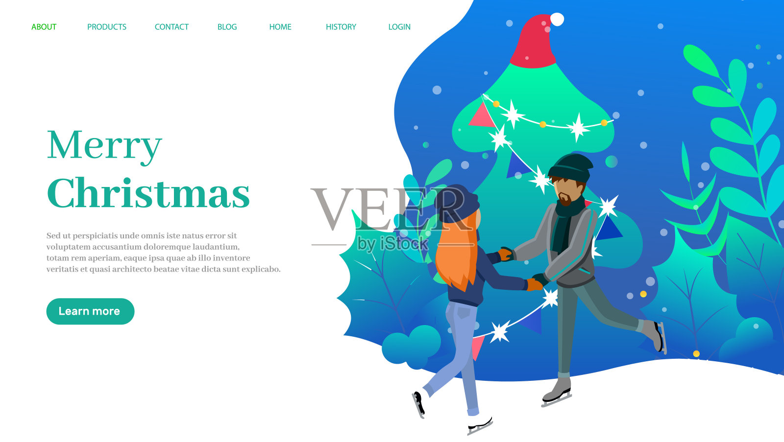 寒假快乐问候登陆页面模板。年轻男女在溜冰场上滑冰插画图片素材