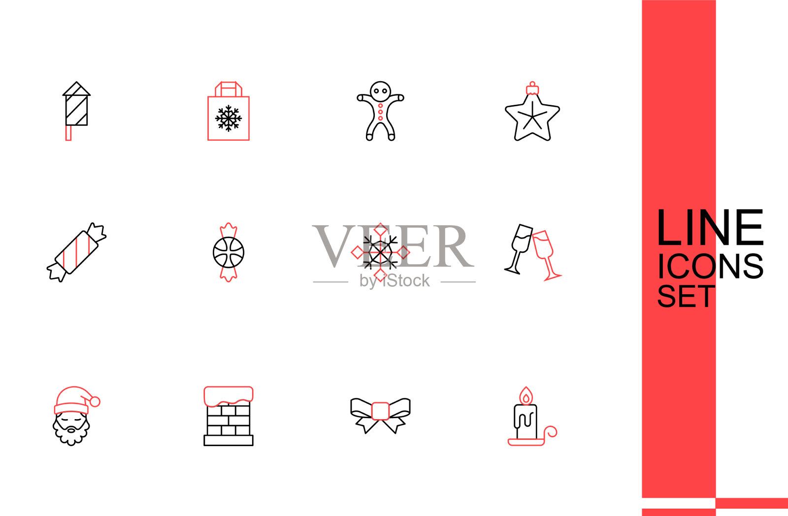 设置线燃烧蜡烛礼物弓圣诞节插画图片素材