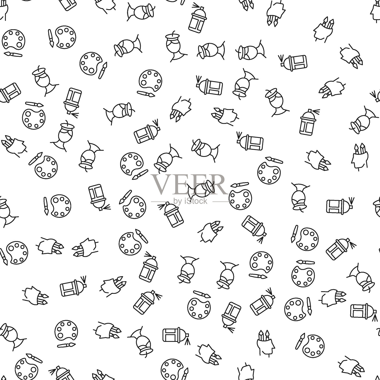 水彩,艺术家,设计师,染料无缝矢量图案的线条图标。适用于网页包装,印刷,网站,应用程序插画图片素材