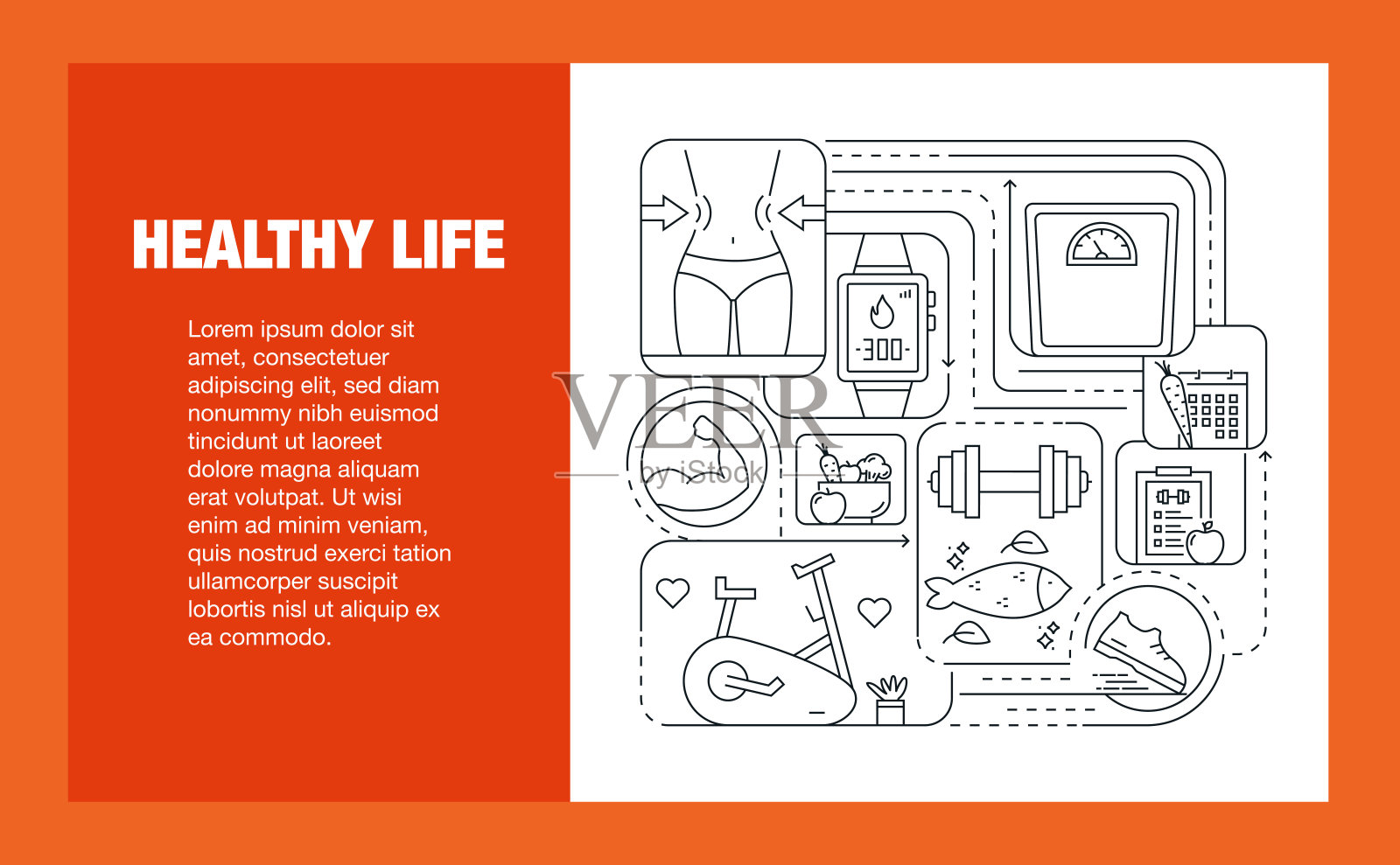 健康生命线图标集和横幅设计。采购产品饮食食品,训练,健康的身体形式,人寿保险,健康食品,体重秤插画图片素材